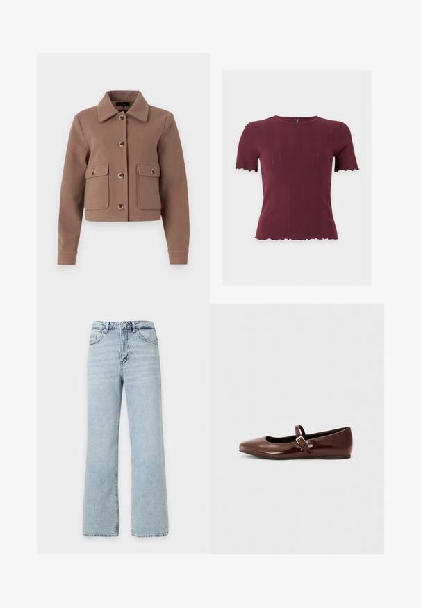 Veste brune, courte, avec un col, présentant de grandes poches avant et des fermetures à boutons. Fabriquée en tissu doux avec une finition légèrement texturée.; Haut en maille bordeaux à manches courtes avec bords festonnés aux manches et à l'ourlet, présentant un col rond et une texture verticale subtile.; Jean bleu clair taille haute à jambes droites avec bouton et fermeture éclair à l'avant, passants pour ceinture et design cinq poches sur fond uni.; Ballerine en cuir verni marron avec un bout carré et une lanière ornée d'une petite boucle dorée. Texture lisse, talon bas et design minimaliste.