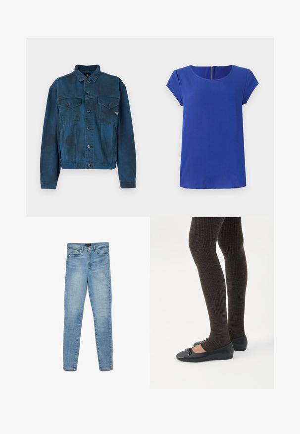 Mørkeblå denimjakke med to brystlommer, knaplukning og klassisk krave. Har en let fadet struktur på stoffet.; Blå kortærmet top lavet af glat stof. Har en rund halsudskæring og en skjult lynlås bagpå. Lige kant.; Lyseblå, udtværrede skinny jeans med frontknap og fem-lomme-design, ladt fladt på hvid baggrund.; Ben iført mørke ribbede leggings kombineret med sorte balletsko med små sløjfedetaljer på hvid baggrund.