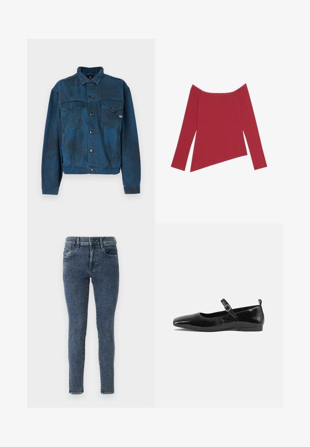 Mørkeblå denimjakke med to brystlommer, knaplukning og klassisk krave. Har en let fadet struktur på stoffet.; Rød off-the-shoulder top med lange ærmer, ribbet tekstur og asymmetrisk kant, der har en glat overflade og subtile sømme.; Slank jeans i mørkeblå denim med subtil fading. Har en mellemhøj talje, fem lommer og kontrastsyninger langs sømmene.; Sorte patentlæder flade sko med spidse tæer, en ankelrem med spænde og en glat, blank tekstur. Lav hæl for komfort.