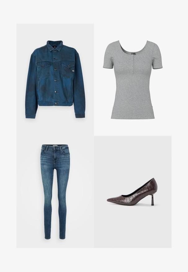 Mørkeblå denimjakke med to brystlommer, knaplukning og klassisk krave. Har en let fadet struktur på stoffet.; Grå ribbet kortærmet top med en rund Halsudskæring og fire små knapper ned foran midt på.; Slanke blå denim jeans med en falmet vask, bæltestropper, forlommer og lynlås. Stoffet har en glat tekstur og let stræk.; Brune kunstlæder stiletter med spidse tæer og krokodilletekstur, der har en slank, vinklet hæl og en glat inderside.