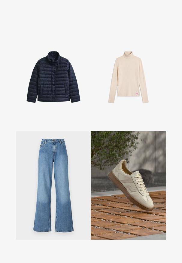 Veste matelassée bleu marine avec col montant, boutons-pression à l’avant et deux poches avant, conçue pour la chaleur et un usage décontracté.; Pull beige côtelé à col roulé manches longues avec un petit patch logo près de l'ourlet inférieur sur fond blanc.; Jean en denim bleu taille haute à jambes larges, avec poches avant, passants de ceinture et fermeture à bouton et zip.; Baskets couleur crème avec une semelle extérieure en caoutchouc beige texturée, un design à lacets et un marquage subtil sur le côté. Tige en cuir lisse.