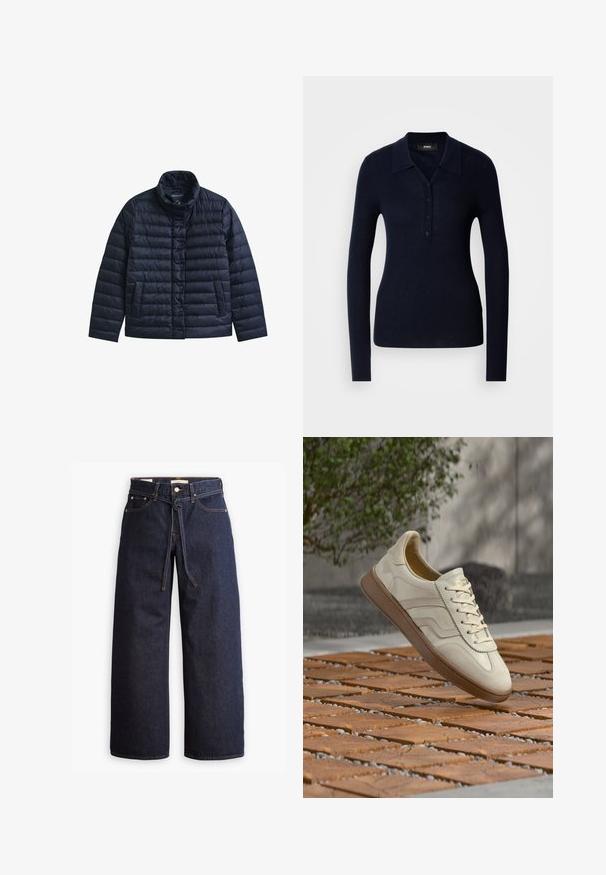 Chaqueta acolchada azul marino con cuello alto, botones a presión en la parte delantera y dos bolsillos frontales, diseñada para proporcionar calor y uso casual.; Polo de manga larga en color marino, hecho de un tejido acanalado texturizado, que presenta un cuello, tapeta de botones y una silueta ajustada.; Jeans de mezclilla oscuros de pierna ancha con cintura alta, que cuentan con un lazo ajustable, cinco bolsillos y detalles de costura en contraste.; Zapatilla de color crema con suela de goma beige texturizada, diseño con cordones y sutiles detalles de marca en el lateral. Parte superior de cuero liso.