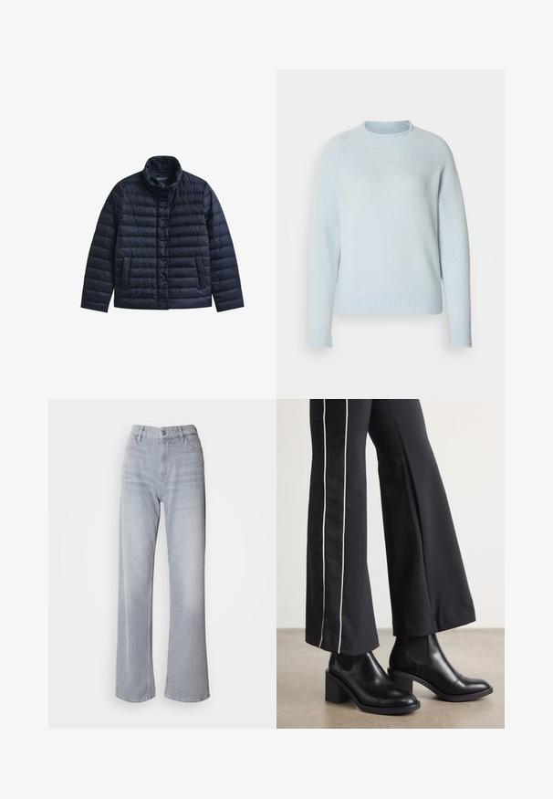 Chaqueta acolchada azul marino con cuello alto, botones a presión en la parte delantera y dos bolsillos frontales, diseñada para proporcionar calor y uso casual.; Suéter azul claro hecho de material suave, con un escote redondeado y puños y dobladillo acanalados. Presenta un diseño simple y clásico.; Jeans de pernera ancha en gris claro, con cintura alta, hechos de denim. Presentan bolsillos frontales, cremallera y un leve desvanecimiento por toda la prenda.; Botines de cuero negro con tacón cuadrado, con paneles laterales elásticos. Combinados con pantalones negros que tienen una franja blanca lateral.