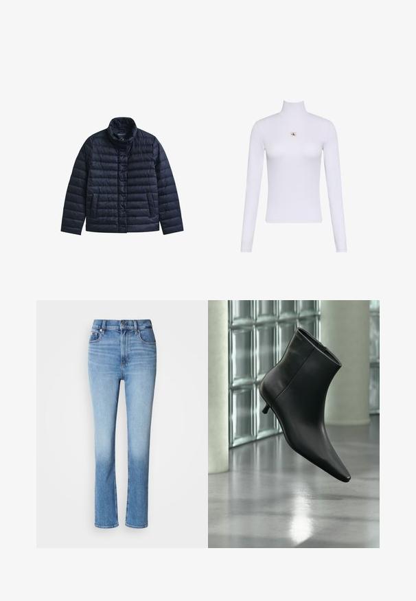 Chaqueta acolchada azul marino con cuello alto, botones a presión en la parte delantera y dos bolsillos frontales, diseñada para proporcionar calor y uso casual.; Top blanco de manga larga con cuello vuelto y un pequeño parche con el logo de Calvin Klein centrado en el pecho.; Vaqueros de mezclilla azul con cintura alta, diseño de pierna recta, degradado de color desgastado y estilo de cinco bolsillos. Cierre de botón metálico y cremallera.; Botín negro de cuero con punta puntiaguda y tacón bajo estilo kitten, mostrado en ángulo sobre un suelo pulido y con una pared de bloques de vidrio de fondo.