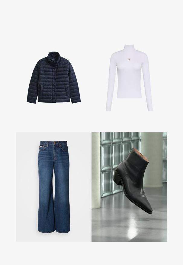 Chaqueta acolchada azul marino con cuello alto, botones a presión en la parte delantera y dos bolsillos frontales, diseñada para proporcionar calor y uso casual.; Top blanco de manga larga con cuello vuelto y un pequeño parche con el logo de Calvin Klein centrado en el pecho.; Vaqueros de pierna ancha hechos de denim azul oscuro. Incluyen una cintura alta, cinco bolsillos y costuras en contraste de color naranja a lo largo de las costuras.; Botín de piel negra con puntera puntiaguda y tacón cuadrado que levita sobre un suelo gris reflectante cerca de una pared de bloques de cristal.