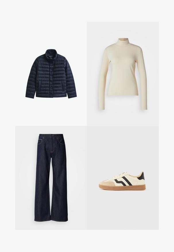 Chaqueta acolchada azul marino con cuello alto, botones a presión en la parte delantera y dos bolsillos frontales, diseñada para proporcionar calor y uso casual.; Top de manga larga de color crema con cuello alto, hecho de una tela suave y elástica; diseño ajustado con cuello alto y sin patrones o acentos visibles.; Jeans de mezclilla oscura de pierna ancha con una cintura alta, con bolsillos frontales y detalles de costura sutiles. Textura suave con un corte clásico.; Zapatillas con cordones que presentan una parte superior color crema con rayas negras y una puntera de ante, complementadas con una suela de goma marrón.