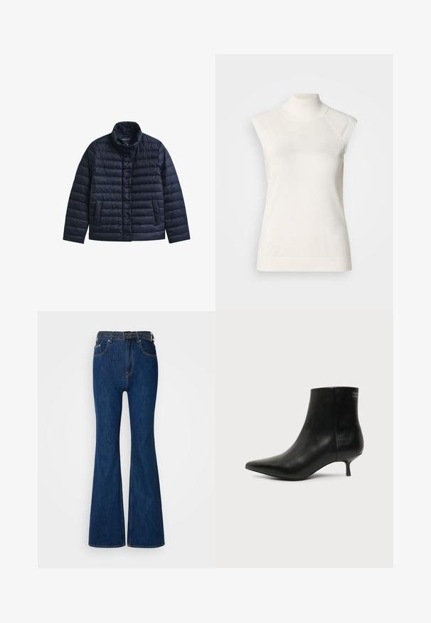 Veste matelassée bleu marine avec col montant, boutons-pression à l’avant et deux poches avant, conçue pour la chaleur et un usage décontracté.; Haut sans manches à col roulé blanc en matière douce ; présente une coupe ajustée avec un col montant et une texture subtilement côtelée à l'ourlet.; Jeans en denim bleu évasés avec une taille haute, des coutures contrastées et une ceinture tissée au design tressé. Texture lisse et style classique.; Bottine en cuir noir avec bout pointu et petit talon kitten sur fond clair, vue côté extérieur.