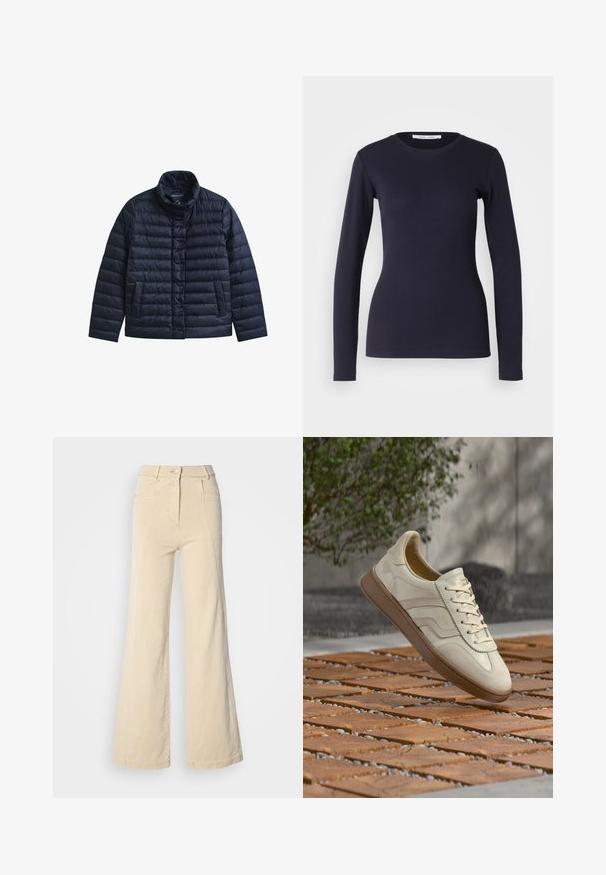 Veste matelassée bleu marine avec col montant, boutons-pression à l’avant et deux poches avant, conçue pour la chaleur et un usage décontracté.; T-shirt à manches longues navy en coton doux. Présente un col rond, une coupe ajustée et une texture côtelée. Design simple et uni.; Jeans beige à jambes larges avec taille haute, poches avant, et couture contrastée, dotés d'une fermeture à bouton et d'une texture en coton lisse.; Baskets couleur crème avec une semelle extérieure en caoutchouc beige texturée, un design à lacets et un marquage subtil sur le côté. Tige en cuir lisse.