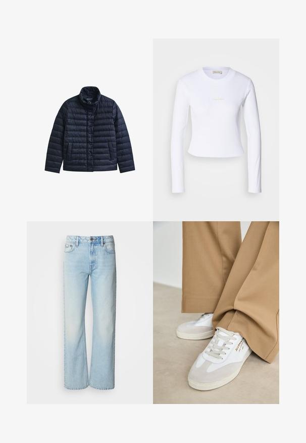Chaqueta acolchada azul marino con cuello alto, botones a presión en la parte delantera y dos bolsillos frontales, diseñada para proporcionar calor y uso casual.; Top corto de manga larga blanco con un sutil logo de Calvin Klein en el centro, mostrado sobre un fondo gris claro.; Vaqueros de pierna ancha azul claro confeccionados en denim, con un diseño clásico de cinco bolsillos y una sutil textura deslavada. La costura del denim es visible.; Zapatillas blancas con detalles de ante, cordones texturizados y suela de goma. Combinadas con un pantalón suelto en tono marrón claro. Logo exhibido en el lateral.