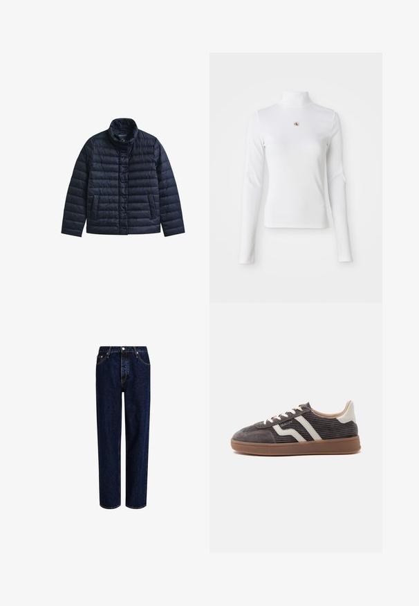 Chaqueta acolchada azul marino con cuello alto, botones a presión en la parte delantera y dos bolsillos frontales, diseñada para proporcionar calor y uso casual.; Top de cuello alto de manga larga en color blanco, hecho de material acanalado. Presenta un pequeño logo bordado en el centro. Diseño ajustado y sin patrones.; Jeans de mezclilla azul oscuro con un diseño de pierna recta, que presentan una cintura alta, estilo de cinco bolsillos y costuras en contraste. Sin adornos.; Zapatilla deportiva individual de color gris oscuro con detalles en cuero blanco, laterales texturizados, cordones blancos y suela de goma marrón, mostrada de perfil sobre un fondo liso.