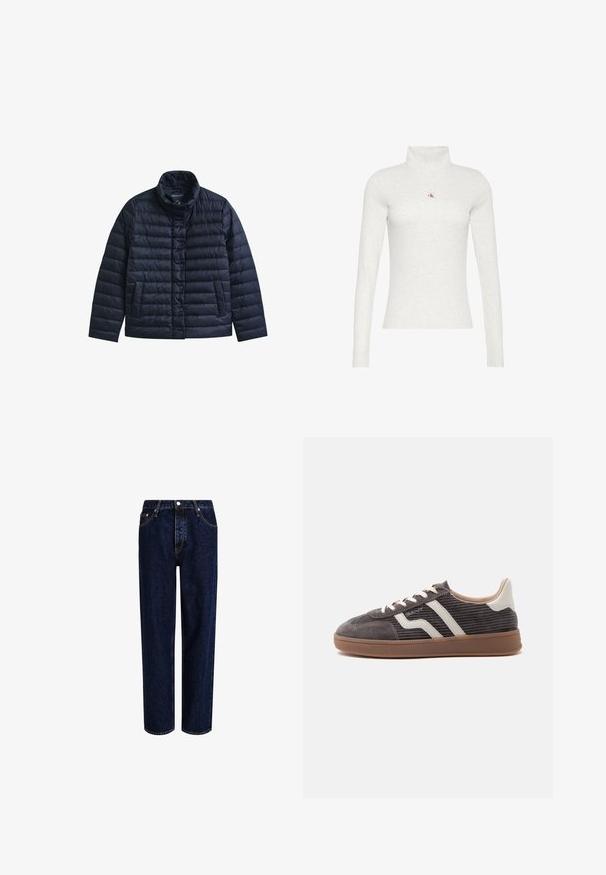Chaqueta acolchada azul marino con cuello alto, botones a presión en la parte delantera y dos bolsillos frontales, diseñada para proporcionar calor y uso casual.; Camiseta de manga larga color gris claro con cuello alto y un pequeño logo "ck" rojo y negro centrado en el pecho.; Jeans de mezclilla azul oscuro con un diseño de pierna recta, que presentan una cintura alta, estilo de cinco bolsillos y costuras en contraste. Sin adornos.; Zapatilla deportiva individual de color gris oscuro con detalles en cuero blanco, laterales texturizados, cordones blancos y suela de goma marrón, mostrada de perfil sobre un fondo liso.