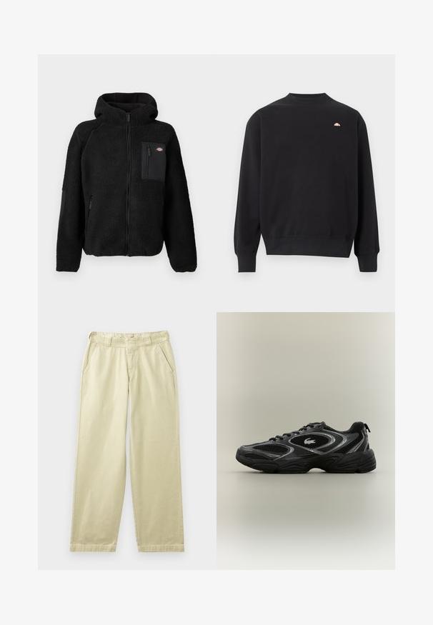 Schwarze Fleecejacke mit Kapuze, Reißverschluss und Brusttasche. Besitzt ein strukturiertes, gemütliches Material und solide schwarze Akzentpaneele.; Schwarzer Pullover mit Rundhalsausschnitt und langen Ärmeln, mit gerippten Bündchen und Saum, versehen mit einem kleinen Pfirsich-Logo auf der oberen linken Brust.; Beige Baumwollhosen mit lockerem Schnitt, ausgestattet mit Seitentaschen, Gürtelschlaufen und geraden Beinen. Glatte Textur mit minimalen Nahtdetails.; Schwarzer und grauer Sportschuh mit Netzpaneelen, Schnürdesign, dicker Sohle und einem kleinen Krokodil-Logo an der Seite.