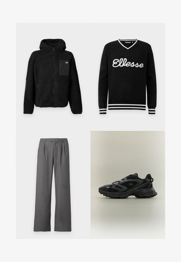 Zwarte fleecejack met een capuchon, ritssluitingen en een borstzak. Beschikt over een gestructureerd, comfortabel materiaal en effen zwarte accenten.; Zwarte V-hals trui met witte "Ellesse" logo op de borst en witte strepen op de kraag, manchetten en onderrand.; Grijze wijde broek gemaakt van een soepele stof, met een geplooid voorpand, zijzakken en een op maat gemaakte tailleband met riemlussen.; Zwarte sportieve schoen met meshpanelen, een gestructureerde zool, veters en een gebogen silhouet met zilveren accenten aan de zijkanten.