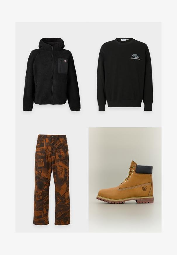 Schwarze Fleecejacke mit Kapuze, Reißverschluss und Brusttasche. Besitzt ein strukturiertes, gemütliches Material und solide schwarze Akzentpaneele.; Schwarzes Sweatshirt aus Baumwolle mit Rundhalsausschnitt, langen Ärmeln und gerippten Bündchen. Mit einem weißen gestickten Logo auf der Brust.; Braune gemusterte Hose mit einer Collage aus dunklen Designs, ausgestelltem Bein, standardmäßiger Knopf- und Reißverschlussöffnung sowie fünf Taschen.; Brauner Leder-Stiefelette mit schwarzem Kragen, gelben Schnürsenkeln und hellbrauner Sohle. Verfügt über ein Logo und weiße Ziernähe. Robuste Profilsohle.
