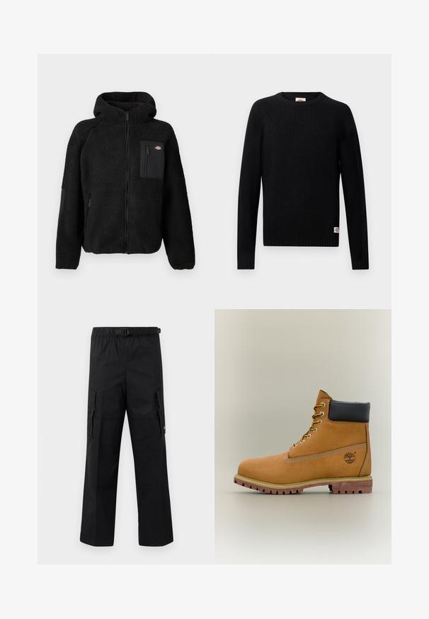 Schwarze Fleecejacke mit Kapuze, Reißverschluss und Brusttasche. Besitzt ein strukturiertes, gemütliches Material und solide schwarze Akzentpaneele.; Schwarzer, gerippter Strickpullover mit langen Ärmeln und Rundhalsausschnitt sowie einem kleinen Logosticker nahe dem Saum auf einem schlichten Hintergrund.; Schwarze Cargo-Hosen mit weitem Schnitt, verstellbarem Bund mit Schnalle und zwei Seitentaschen zur Aufbewahrung. Leichtes Material.; Brauner Leder-Stiefelette mit schwarzem Kragen, gelben Schnürsenkeln und hellbrauner Sohle. Verfügt über ein Logo und weiße Ziernähe. Robuste Profilsohle.