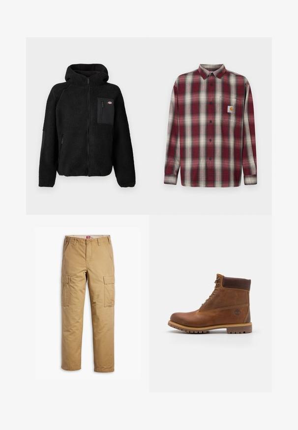Zwarte fleecejack met een capuchon, ritssluitingen en een borstzak. Beschikt over een gestructureerd, comfortabel materiaal en effen zwarte accenten.; Rode en grijze geruite flanellen shirt met een button-down kraag, lange mouwen en een borstzak met een logo label. Geweven textuur.; Tan cargobroek gemaakt van duurzaam katoenmix weefsel. Beschikt over twee zijcargo pockets en een recht model met een licht gestructureerde afwerking.; Bruine leren wandelschoen met een gladde afwerking, gevoerde enkel, metalen oogjes en een rubberen zool met een robuust profiel.