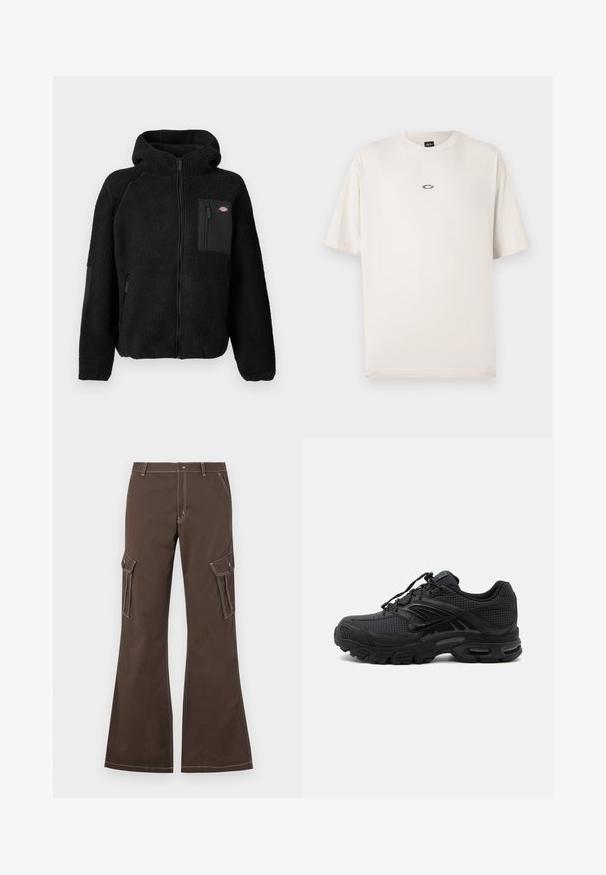 Zwarte fleecejack met een capuchon, ritssluitingen en een borstzak. Beschikt over een gestructureerd, comfortabel materiaal en effen zwarte accenten.; Oakley RISE TEE - T-shirt basic - mist; Bruine cargobroek met uitlopende pijpen, voorzien van zijzakken, witte stiksels als accent en een metalen knoopsluiting.; Zwarte atletische sneaker met textuurstof, dikke gevoerde zool, luchtopeningen en vetersluiting, vanaf de zijkant weergegeven tegen een lichte achtergrond.