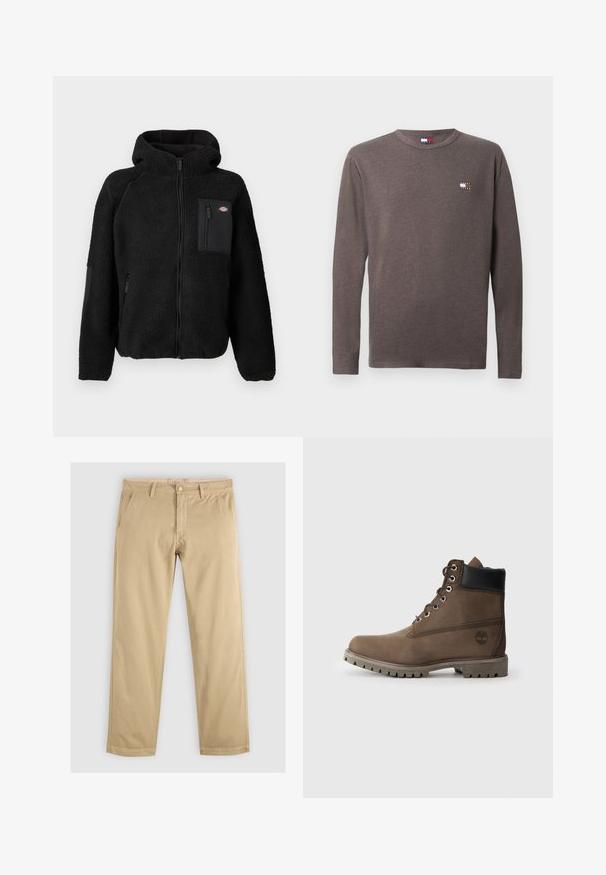 Schwarze Fleecejacke mit Kapuze, Reißverschluss und Brusttasche. Besitzt ein strukturiertes, gemütliches Material und solide schwarze Akzentpaneele.; Langärmliges graues T-Shirt aus Baumwolle mit einem kleinen Logo auf der linken Brust. Rundhalsausschnitt und normale Passform mit glatter Textur.; Khaki Chinos mit geradem Bein, ausgestattet mit zwei vorderen Taschen und einem Bund mit Gürtelschlaufen. Hergestellt aus weichem, strapazierfähigem Baumwollstoff.; Braune Leder-Stiefelette mit schwarzem Kragen, Metallösen und robustem grauen Sohlen. Verfügt über ein Logo an der Seite und genähten Details.