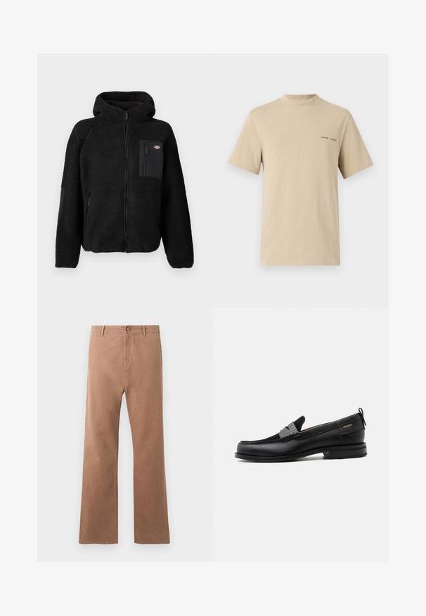 Sort fleecejakke med hætte, lynlåslukninger og en brystlomme. Har et struktureret, hyggeligt materiale og solide sorte akcentpaneler.; Beige bomulds t-shirt med rund halsudskæring og korte ærmer. Har en diskret sort "SAMSOE" tekstlogo på brystet.; Brune, lige ben bukser lavet af bomuld. Har en knaplukning, forlommer og synlige stikninger langs sømmene.; Sort læderloafer med grå remdetalje, lav hæl og tekstureret sål, mærket med "HUGO" i guld på siden.