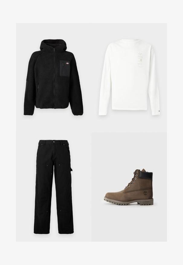 Schwarze Fleecejacke mit Kapuze, Reißverschluss und Brusttasche. Besitzt ein strukturiertes, gemütliches Material und solide schwarze Akzentpaneele.; Langärmliges weißes Baumwoll-T-Shirt mit einem kleinen grafischen Druck in dezenten Farben auf der linken Brust und einem Logo am Ärmelabschluss.; Schwarze Cargo-Hosen aus strapazierfähigem Stoff mit mehreren Taschen, lockerer Passform, sichtbaren Nähten und Druckknopfdetails.; Braune Leder-Stiefelette mit schwarzem Kragen, Metallösen und robustem grauen Sohlen. Verfügt über ein Logo an der Seite und genähten Details.