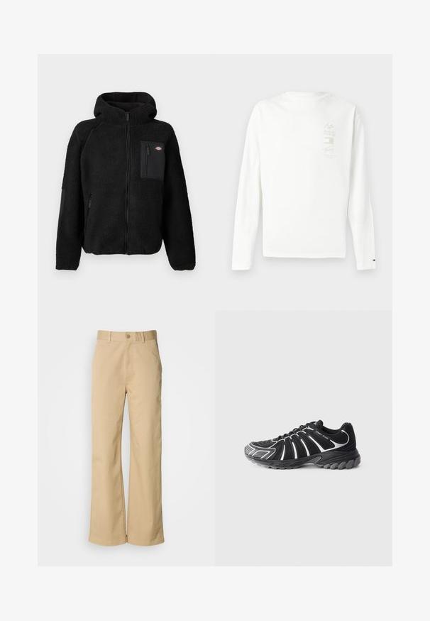 Schwarze Fleecejacke mit Kapuze, Reißverschluss und Brusttasche. Besitzt ein strukturiertes, gemütliches Material und solide schwarze Akzentpaneele.; Langärmliges weißes Baumwoll-T-Shirt mit einem kleinen grafischen Druck in dezenten Farben auf der linken Brust und einem Logo am Ärmelabschluss.; Beige, weit geschnittene Hosen aus einer Baumwollmischung. Mit einem Knopfverschluss und Gürtelschlaufen. Glatte Textur mit minimalen Nähten.; Schwarzer Sportschuh mit weißen Akzenten, der ein strukturiertes Obermaterial, ein geschwungenes Design und eine Gummisohle mit auffälligem Profil für Traktion bietet.