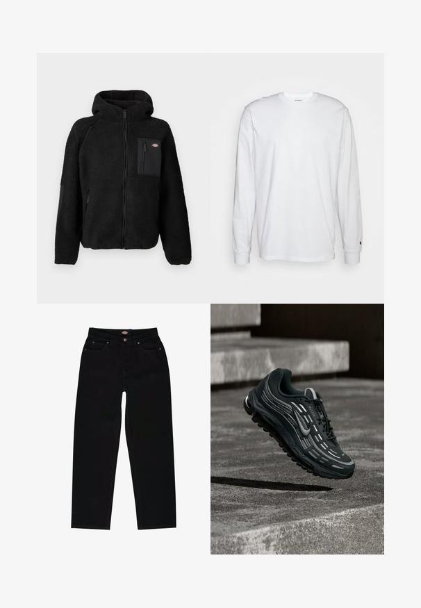 Schwarze Fleecejacke mit Kapuze, Reißverschluss und Brusttasche. Besitzt ein strukturiertes, gemütliches Material und solide schwarze Akzentpaneele.; Weißes Langarm-T-Shirt aus Baumwolle. Rundhals-Design mit gerippten Bündchen und kleinem Logo auf dem linken Ärmel. Glatte Textur.; Schwarze Jeans aus Denim im geraden Schnitt, mit fünf Taschen, braunen Nähten und einem Reißverschluss. Glatte Textur und hochwertiges Material.; Schwarzer und grauer Nike Air Max Sneaker, der über graue Betonstufen mit strukturiertem Bodenhintergrund schwebt.