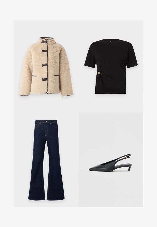 Veste en fausse fourrure couleur crème avec un col montant, fermeture à boutons et bordure sombre. Comprend deux poches avant et une silhouette carrée.; T-shirt noir à manches courtes en tissu lisse, avec un détail noué sur le côté et un bouton décoratif doré.; Jean en denim bleu foncé évasé, doté d'une taille haute, de poches avant et de surpiqûres dorées. Texture douce avec une coupe traditionnelle.; Des escarpins à talon ouvert noirs avec un bout pointu, une texture en cuir lisse, un petit talon aiguille, et une sangle avec un accent de boucle en métal.