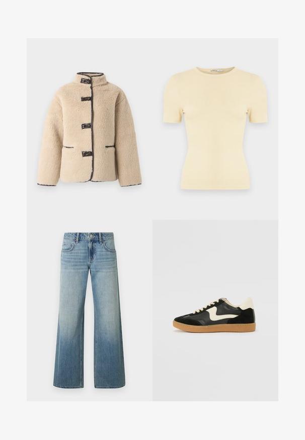 Veste en fausse fourrure couleur crème avec un col montant, fermeture à boutons et bordure sombre. Comprend deux poches avant et une silhouette carrée.; T-shirt jaune pâle côtelé à manches courtes avec un col rond et une coupe ajustée, présentant une texture douce et un design minimaliste.; Jean large bleu clair avec une finition délavée, doté d'une fermeture à boutons, de cinq poches et de détails cousus le long des coutures.; Baskets en daim et cuir noir avec un swoosh latéral crème et un talon crème clair. Dotées de lacets beige et d'une semelle en caoutchouc gomme.