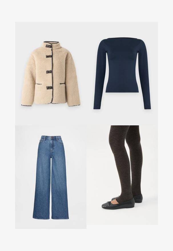 Veste en fausse fourrure couleur crème avec un col montant, fermeture à boutons et bordure sombre. Comprend deux poches avant et une silhouette carrée.; Haut féminin bleu marine à manches longues, cintré, avec un large col bateau et une finition en tissu lisse et extensible.; Jean à jambes larges en denim bleu moyen, présentant une taille haute, des passants pour ceinture et une fermeture à bouton. Texture lisse avec des détails de couture minimaux.; Jambes portant des leggings côtelés foncés associés à des ballerines noires avec de petits détails en nœud sur fond blanc.