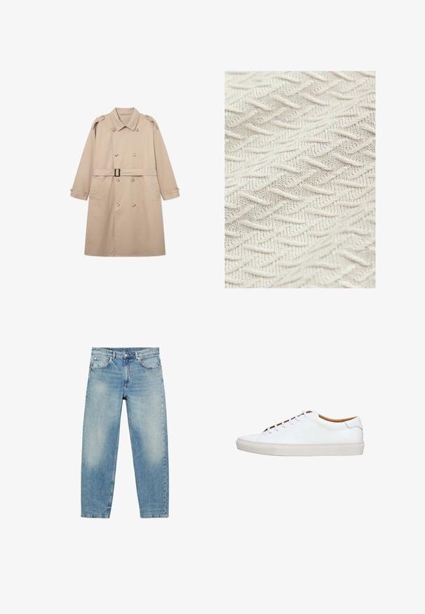 Beige Trenchcoat mit doppelreihiger Vorderseite, breitem Kragen, Gürtel in der Taille und geknöpften Manschetten. Glattes Gewebe mit minimaler Textur.; Texturierter Stoff in Cremeton mit Zickzackmuster und erhöhten Fäden für zusätzliche Tiefe und Dimension. Leicht und weich im Griff.; Blue Jeans mit geradem Bein, vorderen Taschen und Gürtelschlaufen, die leichte Verblassungen an Oberschenkeln und Knien zeigen.; Weißer Ledersneaker mit einer strukturierten Gummisohle, rundem Zehenbereich und kontrastierendem, braunem Innenfutter. Verfügt über fünf Ösen und weiße Schnürsenkel.