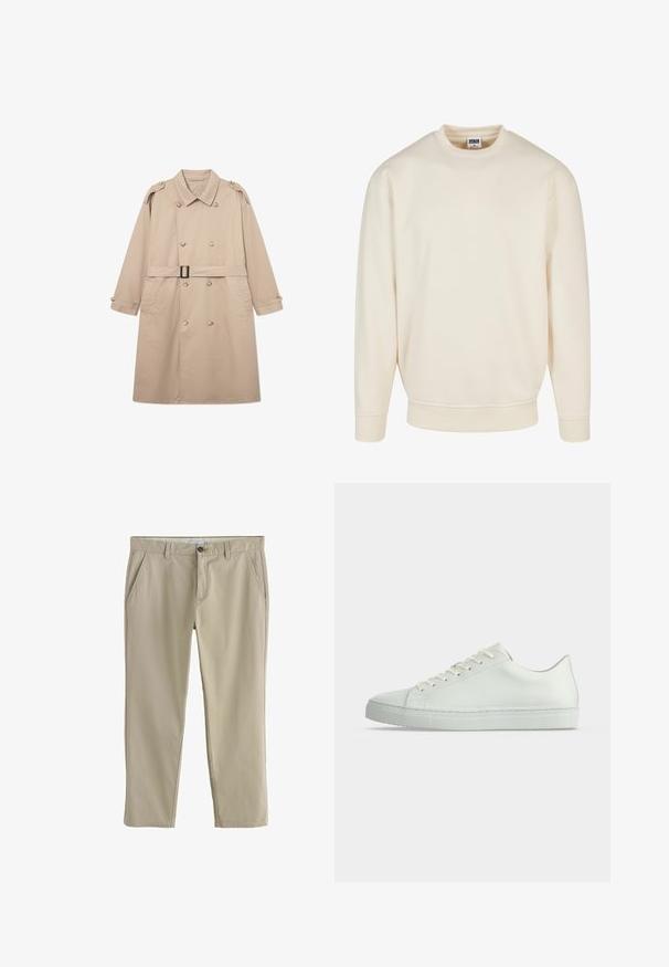 Beige Trenchcoat mit doppelreihiger Vorderseite, breitem Kragen, Gürtel in der Taille und geknöpften Manschetten. Glattes Gewebe mit minimaler Textur.; Cremefarbener Sweatshirt mit geripptem Halsausschnitt und Bündchen. Hat eine lockere Passform, weichen Griff und keine sichtbaren Muster oder Grafiken.; Beige Hose mit geradem Bein, Seitentaschen, Gürtelschlaufen und Knopfverschluss in der Taille.; Weißer Low-Top-Sneaker mit Schnürsenkeln, glattem Lederobermaterial und flacher Gummisohle, von der Seite auf neutralem Hintergrund gezeigt.