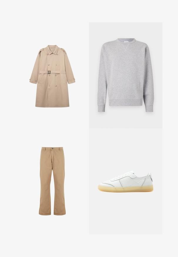 Gabardina beige con un frente de doble botonadura, amplio cuello, cinturón en la cintura y puños abotonados. Tejido liso con textura mínima.; Sudadera gris hecha de tela suave, con cuello redondo, mangas largas, puños acanalados y dobladillo recto. Sin patrones ni gráficos visibles.; Pantalones de algodón beige con un corte recto, que cuentan con un cierre de botón, bolsillos frontales y una textura suave.; Zapatilla blanca de piel de corte bajo con suela translúcida beige, cierre con cordones en la parte frontal y detalles de costura mínimos, mostrada de lado sobre un fondo liso.
