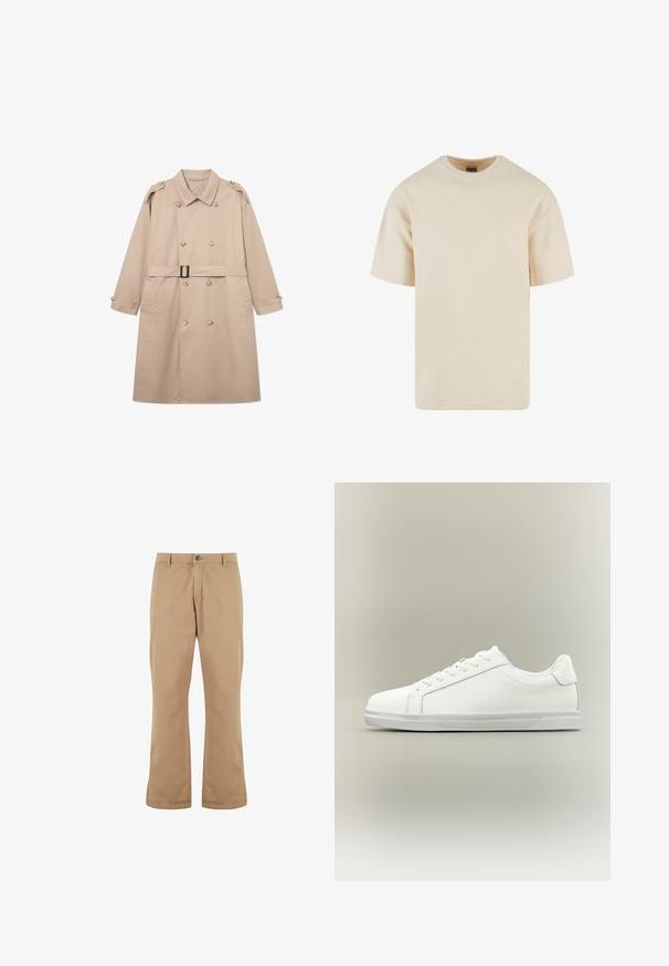Beige trenchcoat med dobbeltbrystet front, bred krave, bælte i taljen og knaplukning ved ærmerne. Glat stof med minimal struktur.; Beige bomulds t-shirt med rund hals, korte ærmer og lige pasform. Glat tekstur uden synlige mønstre eller accenter.; Beige bomuldsbukser med lige pasform, der har knaplukning, forlommer og en glat tekstur.; Lavtop hvid sneaker med snørelukning foran og tekstureret gummisål mod en ensartet neutral baggrund.