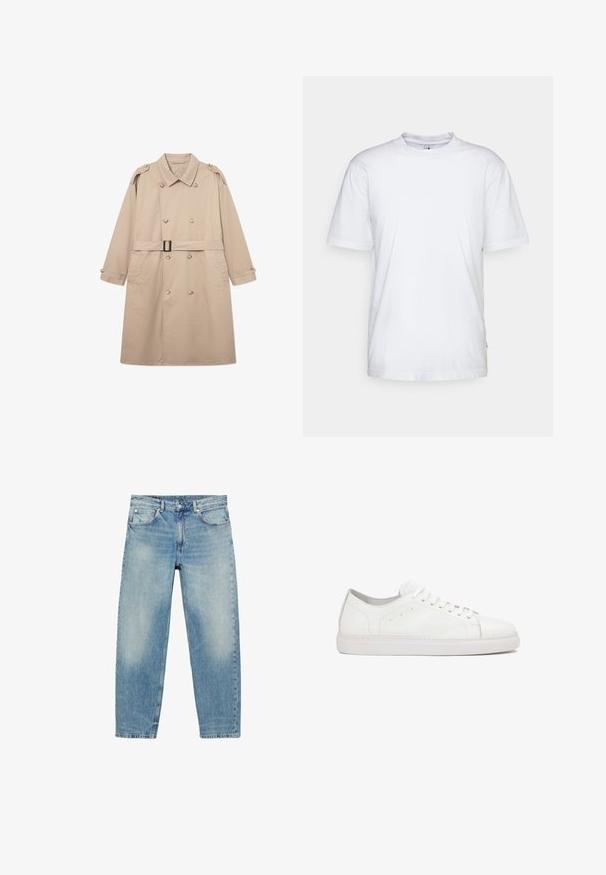 Manteau beige en trench avec un devant croisé, large col, ceinture à la taille et poignets à boutons. Tissu lisse avec une texture minimale.; T-shirt en coton blanc avec un col rond, des manches courtes et un ourlet droit. Présente une petite étiquette de marque sur la couture latérale gauche.; Jean droit en denim bleu avec poches avant et passants de ceinture, présentant des détails légèrement décolorés sur les cuisses et les genoux.; Baskets en cuir blanc avec une texture lisse, bout arrondi, design à lacets et accents de coutures subtils sur une semelle en caoutchouc plate.