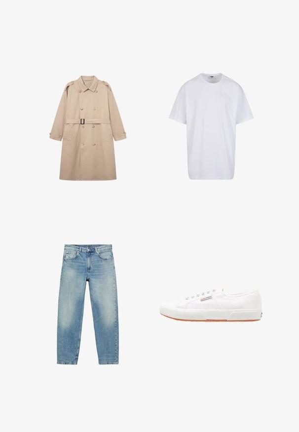 Beige trenchcoat med dobbeltbrystet front, bred krave, bælte i taljen og knaplukning ved ærmerne. Glat stof med minimal struktur.; Hvid, kortærmet bomulds-T-shirt med rund hals og synligt størrelses- og mærkelabel inde i kraven.; Blå straight-leg denim jeans med forlommer og bæltestropper, der viser let falmede detaljer på lår og knæ.; Hvide kanvas sneakers med gummisål, snørebåndsdesign og et lille logo mærke på siden. Tekstureret hvid overdel og brun ydersål.