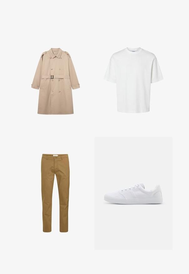 Beige trenchcoat med dobbeltbrystet front, bred krave, bælte i taljen og knaplukning ved ærmerne. Glat stof med minimal struktur.; Enkel hvid t-shirt med korte ærmer, rund hals og løs pasform vist på hvid baggrund.; Brune bomuldsbukser med lige ben, der har en frontknaplukning og standard bælteløkker. Glat tekstur med minimal dekoration.; Hvide lærreds sneakers med gummisål, der har seks snørehuller, en struktureret tåkap og et minimalistisk design.
