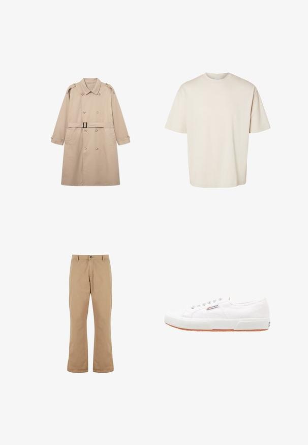 Manteau beige en trench avec un devant croisé, large col, ceinture à la taille et poignets à boutons. Tissu lisse avec une texture minimale.; T-shirt en coton beige uni, manches courtes, oversize, col rond, présenté à plat sur fond blanc.; Pantalons en coton beige à coupe droite, dotés d'une fermeture à bouton, de poches avant et d'une texture lisse.; Baskets en toile blanches avec une semelle en caoutchouc, design à lacets et une petite étiquette logo sur le côté. Tige blanche texturée et semelle extérieure marron.