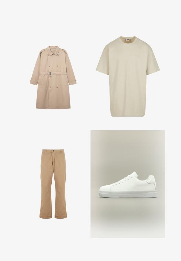 Beige trenchcoat med dobbeltbrystet front, bred krave, bælte i taljen og knaplukning ved ærmerne. Glat stof med minimal struktur.; Lysebeige bomulds-T-shirt med korte ærmer, rund halsudskæring og løs pasform. Stoffet fremstår glat uden synlige mønstre eller accenter.; Beige bomuldsbukser med lige pasform, der har knaplukning, forlommer og en glat tekstur.; Hvid lavtop sneaker med snørelukning foran, polstret krave og tekstureret gummisål, vist i sidelayout på neutral baggrund.
