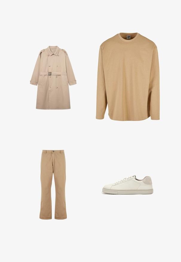Gabardina beige con un frente de doble botonadura, amplio cuello, cinturón en la cintura y puños abotonados. Tejido liso con textura mínima.; Camiseta de manga larga beige hecha de algodón suave, con cuello redondo, corte relajado y textura suave con detalles de costura mínimos.; Pantalones de algodón beige con un corte recto, que cuentan con un cierre de botón, bolsillos frontales y una textura suave.; Zapatilla blanca de piel de perfil bajo con cordones blancos, suela ligeramente texturizada y parche de ante gris claro en el talón, vista lateral.