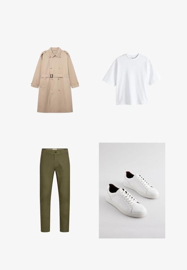 Beige trenchcoat med dobbeltbrystet front, bred krave, bælte i taljen og knaplukning ved ærmerne. Glat stof med minimal struktur.; Next BOXY FIT - HEAVYWEIGHT T-SHIRT . - T-shirts basic - white; Olivenfarvede bomuldsbukser med en tætsiddende pasform, lige ben, diskret syninger og frontknaplukning. Ingen synlige lommer.; Hvide lædersneakers med lav profil, perforerede sider, flade snørebånd og en kontrasterende brun indvendig foring. Gummisål med tekstureret mønster.