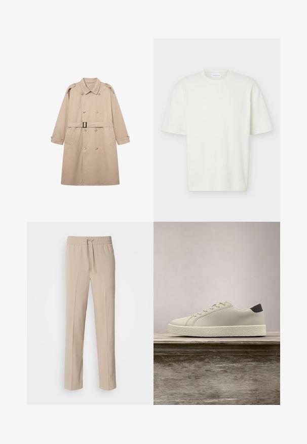 Beige trenchcoat med dobbeltbrystet front, bred krave, bælte i taljen og knaplukning ved ærmerne. Glat stof med minimal struktur.; Hvid tekstureret T-shirt med korte ærmer og rund hals med en almindelig pasform og et lille mærke indeni kraven.; Beige, afslappede bukser lavet af blødt materiale, med elastisk talje og snøre samt lige ben med minimale detaljer.; Hvid sneaker med tekstureret sål og sort hældetalje, svævende over en træbænk med højt grønt græs i baggrunden.
