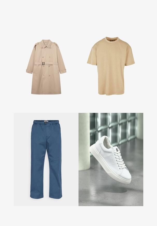 Beige trenchcoat med dobbeltbrystet front, bred krave, bælte i taljen og knaplukning ved ærmerne. Glat stof med minimal struktur.; Urban Classics OVERSIZED GARMENT DYE TEE - T-shirts basic - unionbeige; Chino-bukser i mørkeblå bomuld. Har elastisk talje, lige ben og en glat tekstur. Ingen synlige mønstre eller udsmykninger.; Hvid lavtop-sneakers med snørebånd, perforeret sidepanel og "B" logo på tungen, svævende over en gråpoleret gulv nær glasklodser.