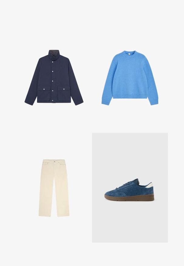Chaqueta impermeable de color navy con un alto cuello, cierres a presión y dos bolsillos frontales. Textura suave y diseño recto.; Jersey de punto azul claro con cuello redondo, mangas largas y puños y bajo acanalados, extendido plano sobre un fondo blanco.; Pantalones de pana beige con un diseño de pierna recta, que presentan dos bolsillos frontales y una textura acanalada sutil. Incluye detalles de metal.; Zapatilla de gamuza azul con suela de goma marrón, punta redondeada y cordones tono sobre tono. Presenta un acento beige en el talón y detalles de costuras suaves.
