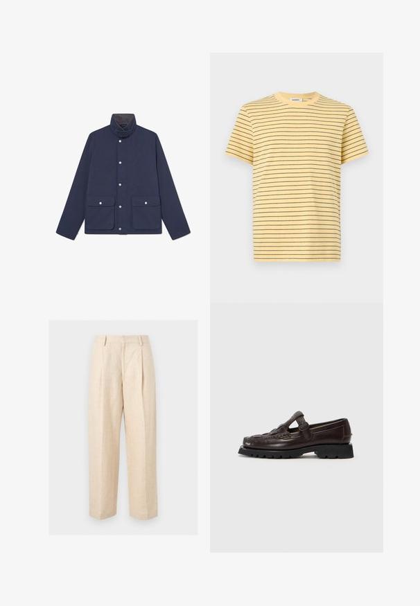Marine waterdichte jas met een hoge kraag, drukknopen en twee zakken aan de voorkant. Gladde textuur en rechtlijnig ontwerp.; Geel T-shirt met korte mouwen, dunne horizontale zwarte strepen en een ronde hals.; Beige linnen broek met hoge taille, rechte pijpen, riemlussen en een voorplooi op een effen achtergrond.; Hereu SOLLER - Instappers - dark brown