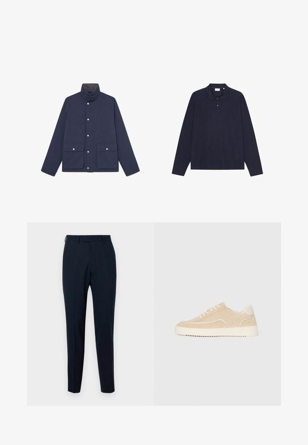 Chaqueta impermeable de color navy con un alto cuello, cierres a presión y dos bolsillos frontales. Textura suave y diseño recto.; Polo shirt de algodón de manga larga en color azul marino con cuello, que cuenta con un cierre de tres botones y una textura sencilla. Sin patrones ni acentos visibles.; Pantalones de corte entallado en azul marino, confeccionados con una tela suave; presentan un frente plano, ajuste slim y bolsillos laterales; sin patrones visibles ni herrajes.; Zapatillas de ante beige con suela y cordones blancos, diseño bajo y patrón de tracción en zigzag en la suela.