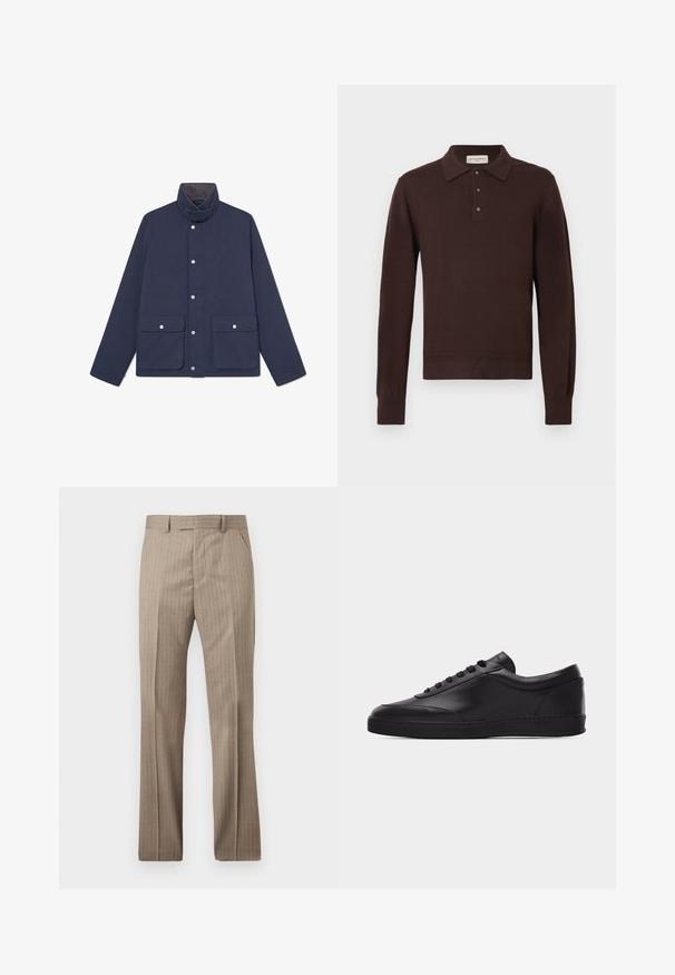 Marineblå vandtæt jakke med høj krave, trykknaplukninger og to forlommer. Glat tekstur og lige snit.; Brun langærmet poloshirt lavet af blødt materiale; har en klassisk krave, tre-knaps lukning og ribbet ærmekanter.; Beige herre skræddersyede bukser med subtile lodrette nålestriber, bæltestropper og en frontruslås med lynlås.; Sort lavtstående lædersneaker med snørebånd foran og flad gummisål, vist fra siden på en ensartet hvid baggrund.