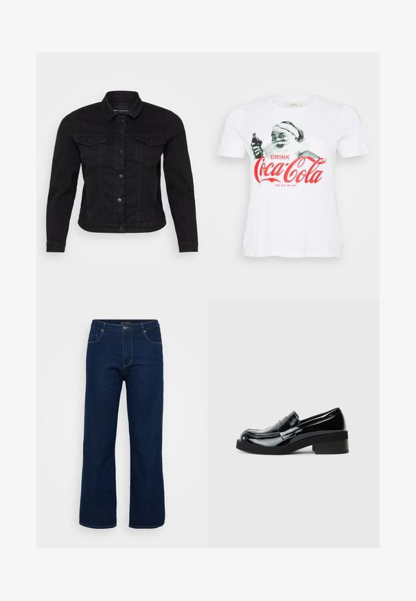 Sort denimjakke med klassisk krave, frontknaplukning, to brystlommer og stikninger.; Hvid bomulds T-shirt med et vintage Santa Claus grafisk design, hvor han holder en Coca-Cola flaske, med røde bogstaver der siger "DRIK Coca-Cola."; Mørkeblå denim jeans med lige pasform, der har en lynlås, fem lommer og synlige syninger.; Sorte patenterede lædersko med rund tå, lav blokhæl og en glat, blank finish. Har en dekorativ rem over forsiden.