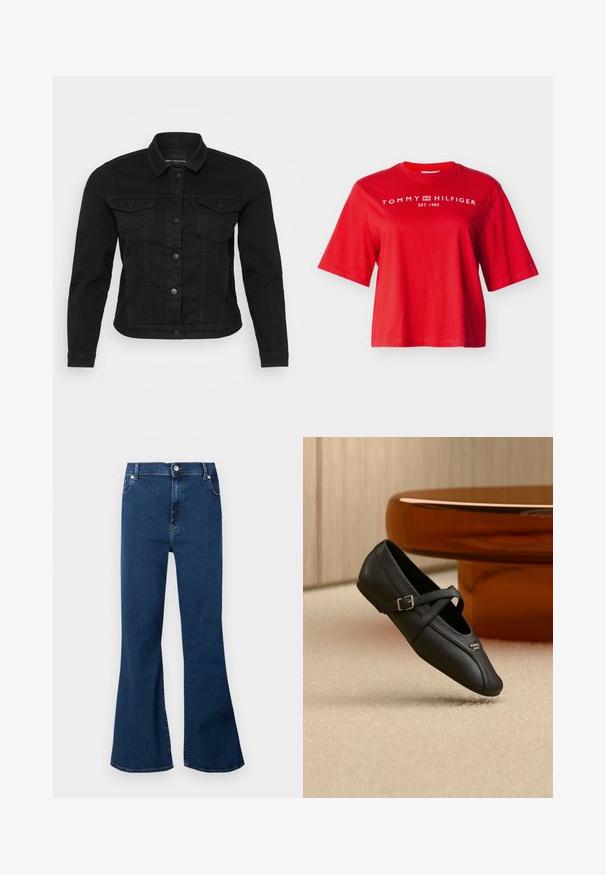 Zwart denim jack met een klassieke kraag, sluiting met knopen aan de voorkant, twee borstzakken en stikdetails.; Rode korte mouw Tommy Hilfiger T-shirt met witte logotekst en embleem over de borst en een klein vlaglogo op de linker mouw.; Donkerblauwe high-waisted spijkerbroek met brede uitlopende pijpen, knoopsluiting aan de voorkant en zakken, getoond tegen een lichte achtergrond.; Zwarte Mary Jane schoen met een zijgesp en een klein metalen logo, geplaatst op een beige tapijt nabij een bruine ronde tafel.