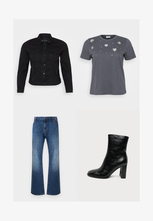 Zwart denim jack met een klassieke kraag, sluiting met knopen aan de voorkant, twee borstzakken en stikdetails.; Grijze katoenen t-shirt met korte mouwen, met metalen bloemenappliqués en pailletten die op de voorkant zijn aangebracht. Zachte structuur, comfortabele pasvorm.; Blauwe spijkerbroek met een lichte uitlopende pijp, vervaagde voorkant van de dijen, voorzakken en oranje stiksels, plat neergelegd op een witte achtergrond.; Zwarte glanzende leren enkellaars met een afgeronde neus en een stevige hoge hak op een effen lichte achtergrond.