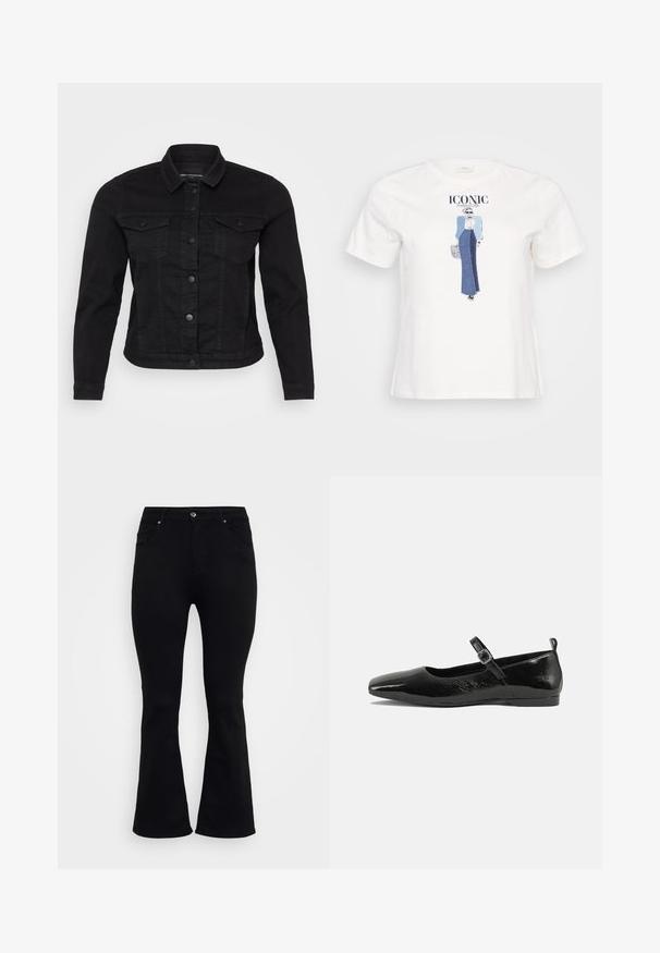 Sort denimjakke med klassisk krave, frontknaplukning, to brystlommer og stikninger.; Hvid bomulds t-shirt med en grafisk illustration af en kvinde i en blå jakke og denimskørt, med teksten "ICONIC" trykt ovenfor.; ONLY Carmakoma Flared fit CARWILLY High waist - Flared jeans - black denim; Sorte patentlæder flade sko med spidse tæer, en ankelrem med spænde og en glat, blank tekstur. Lav hæl for komfort.